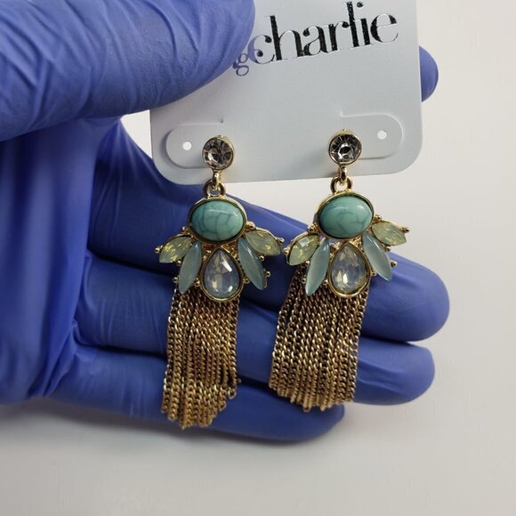 Turquoise & Citrine Crystal Chandelier Earrings – Gold Fringed Sparkling Gem - Picture 8 of 8